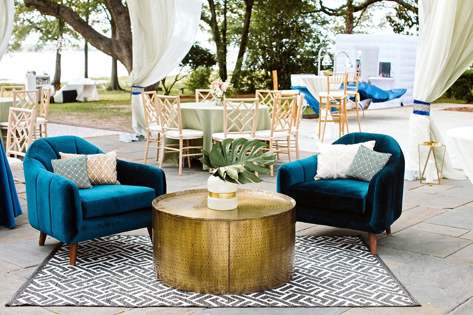 modern boho chic wedding lounge with a tropical twist