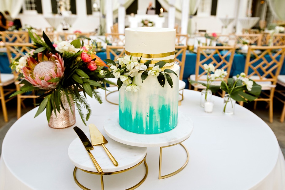 white gold and teal modern wedding cake