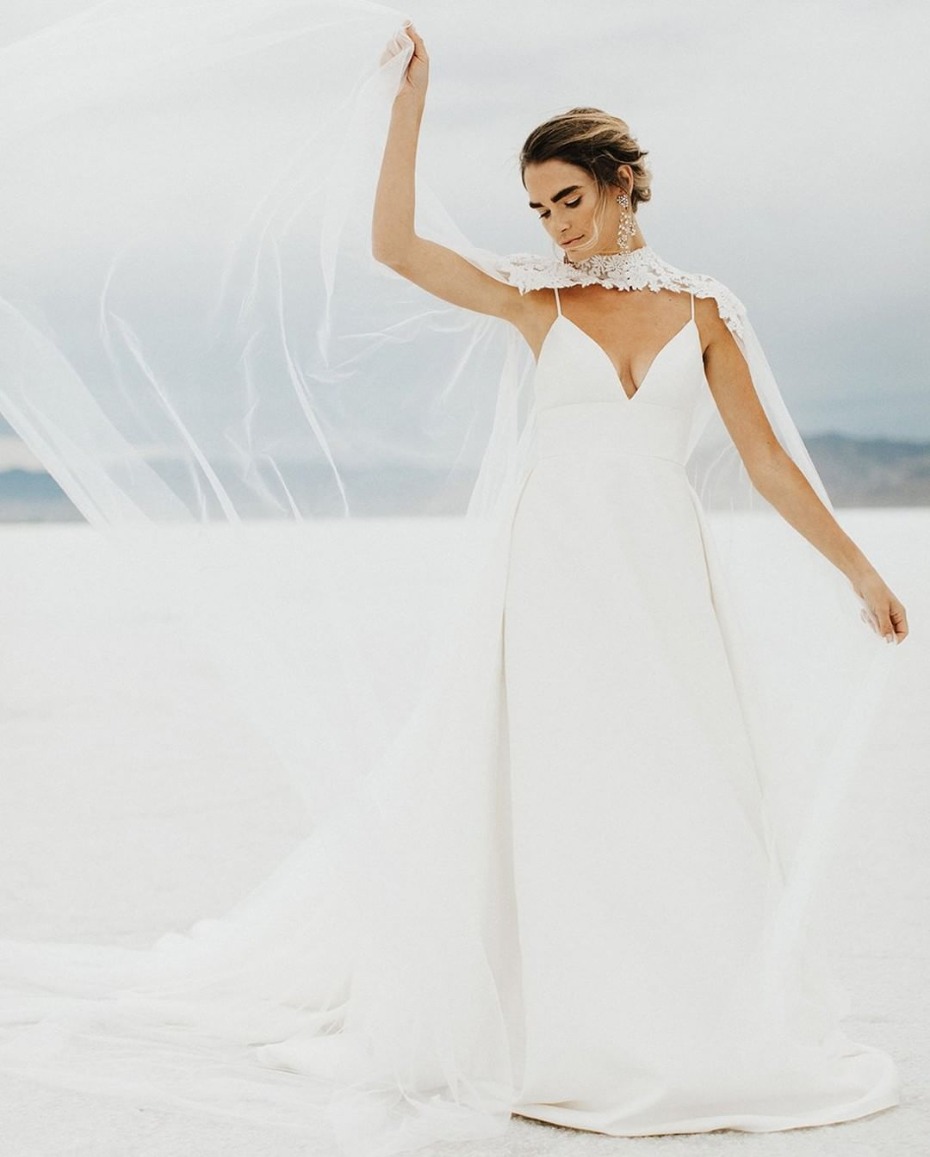 Get the look Kaley Cuoco's caped wedding gown with BHLDN Vincent Cape