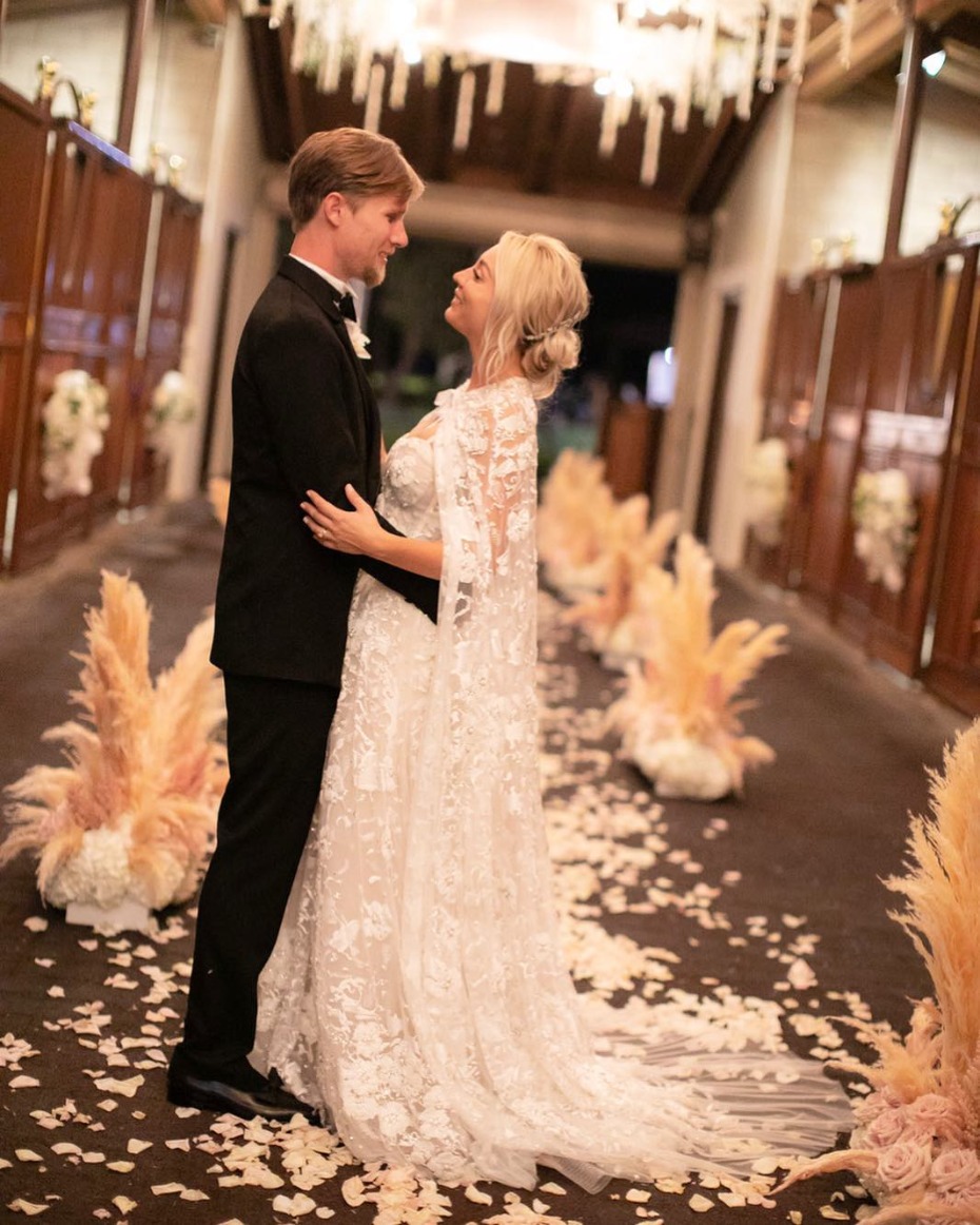 Kaley Cuoco Marries Karl Cook Wearing Reem Acra Lace Gown with Cape