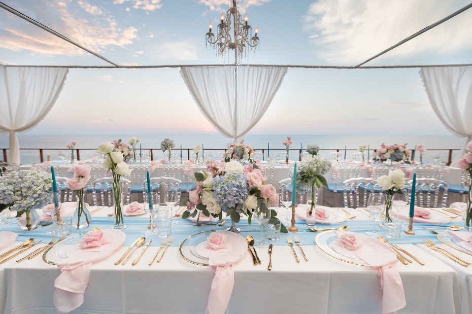 Glam ocean view wedding reception