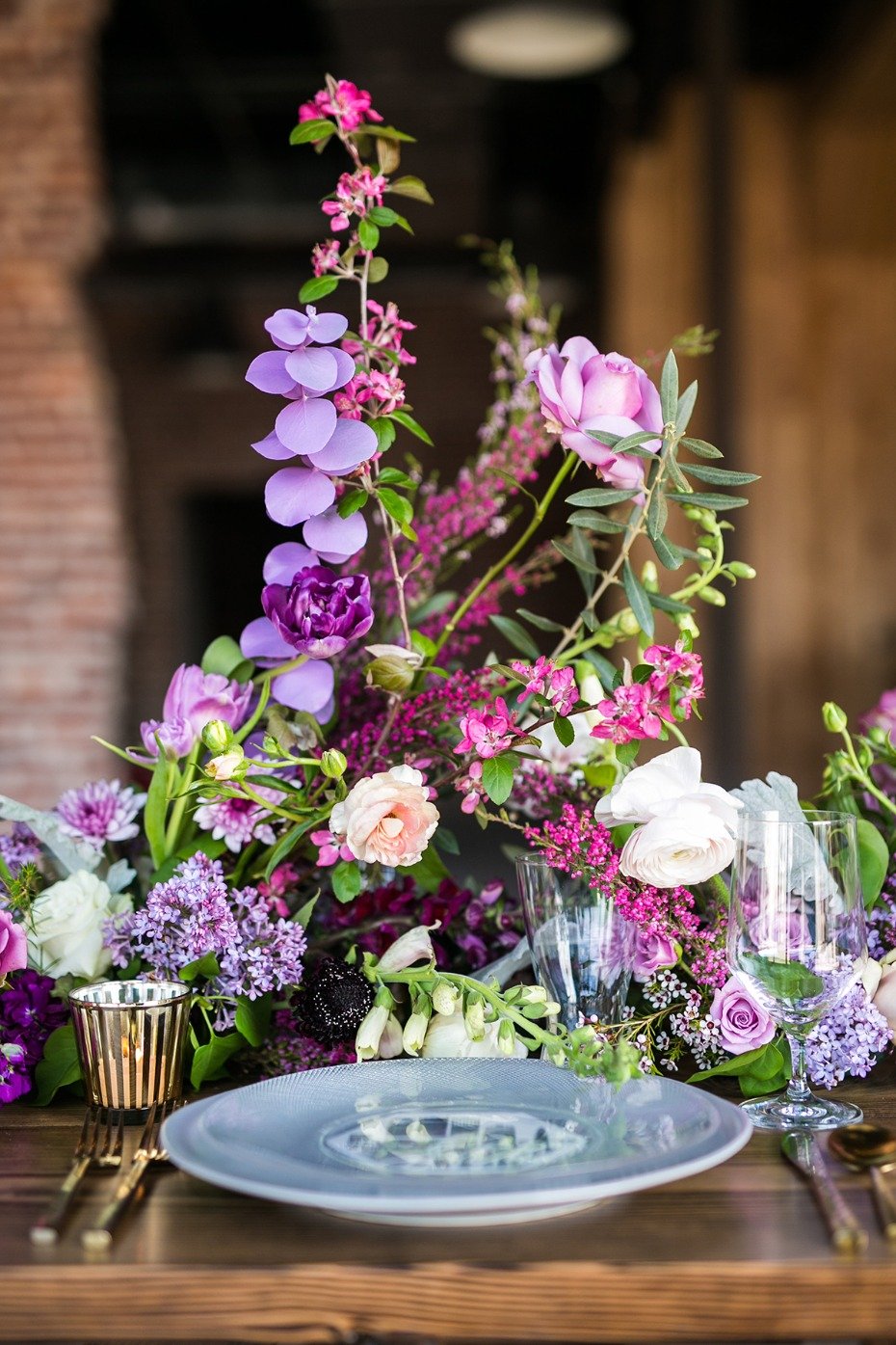 romantic purple and pink floral centerpiece