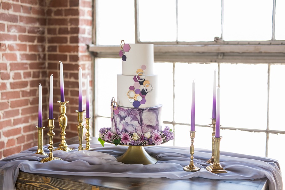 geometric and watercolor wedding cake