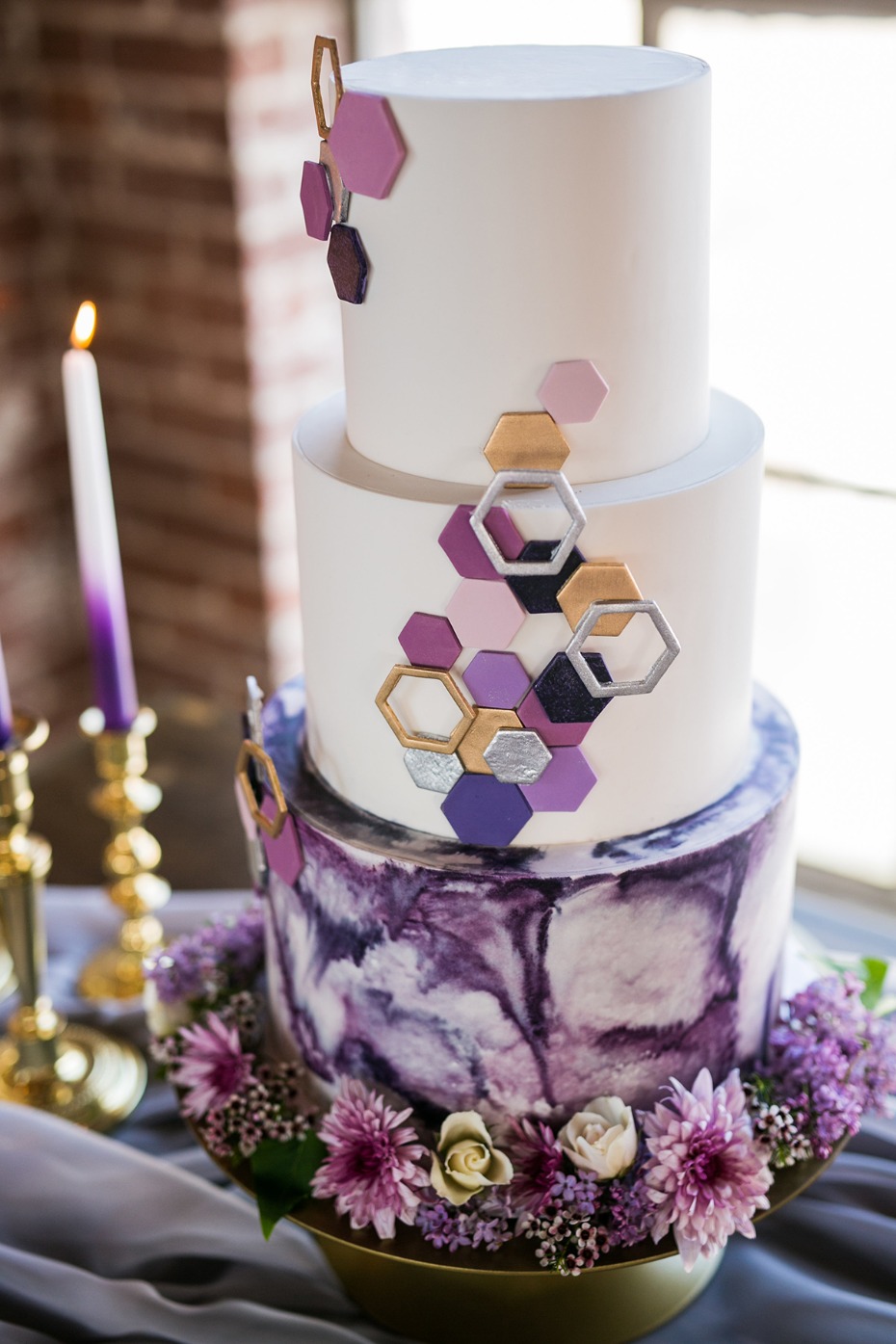 purple and gold geometric and watercolor cake