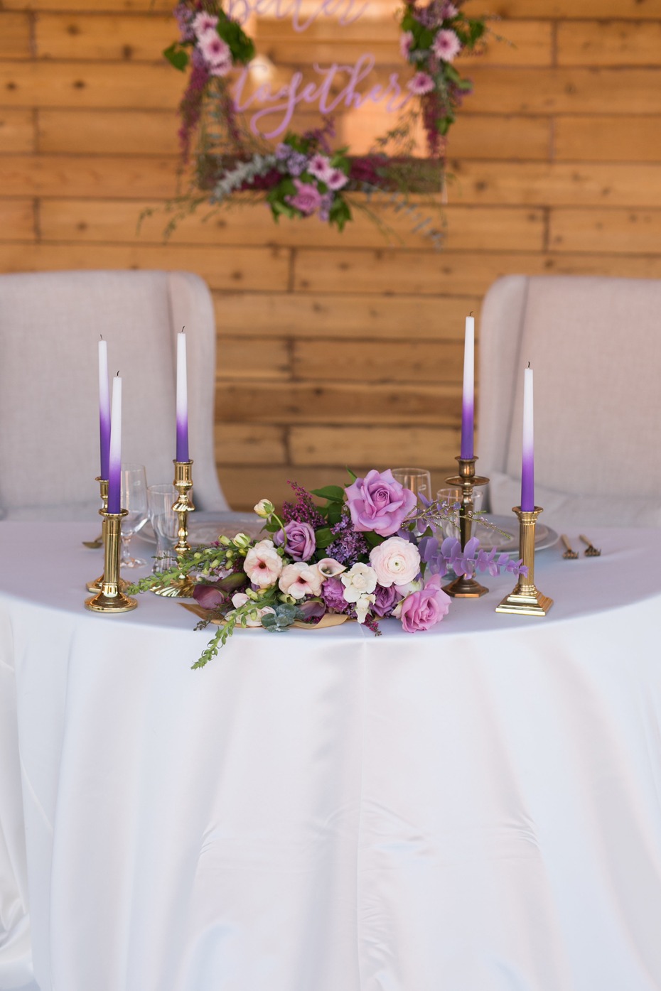 sweetheart table with purple dip dyed elements