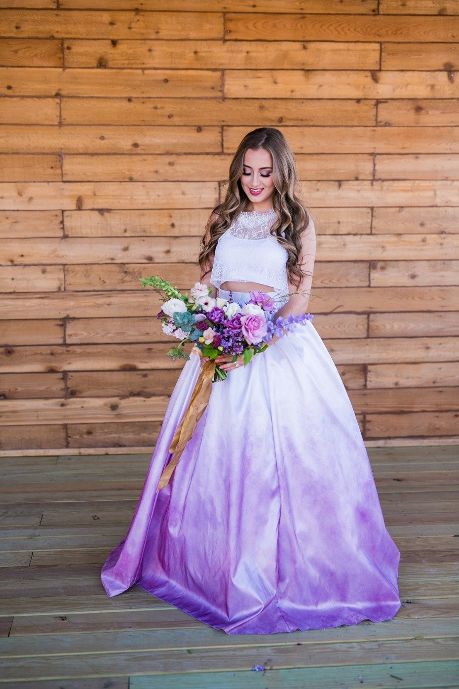 watercolor pink and purple wedding dress