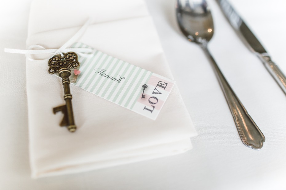 Lovely vintage key charm wedding guest favor tag