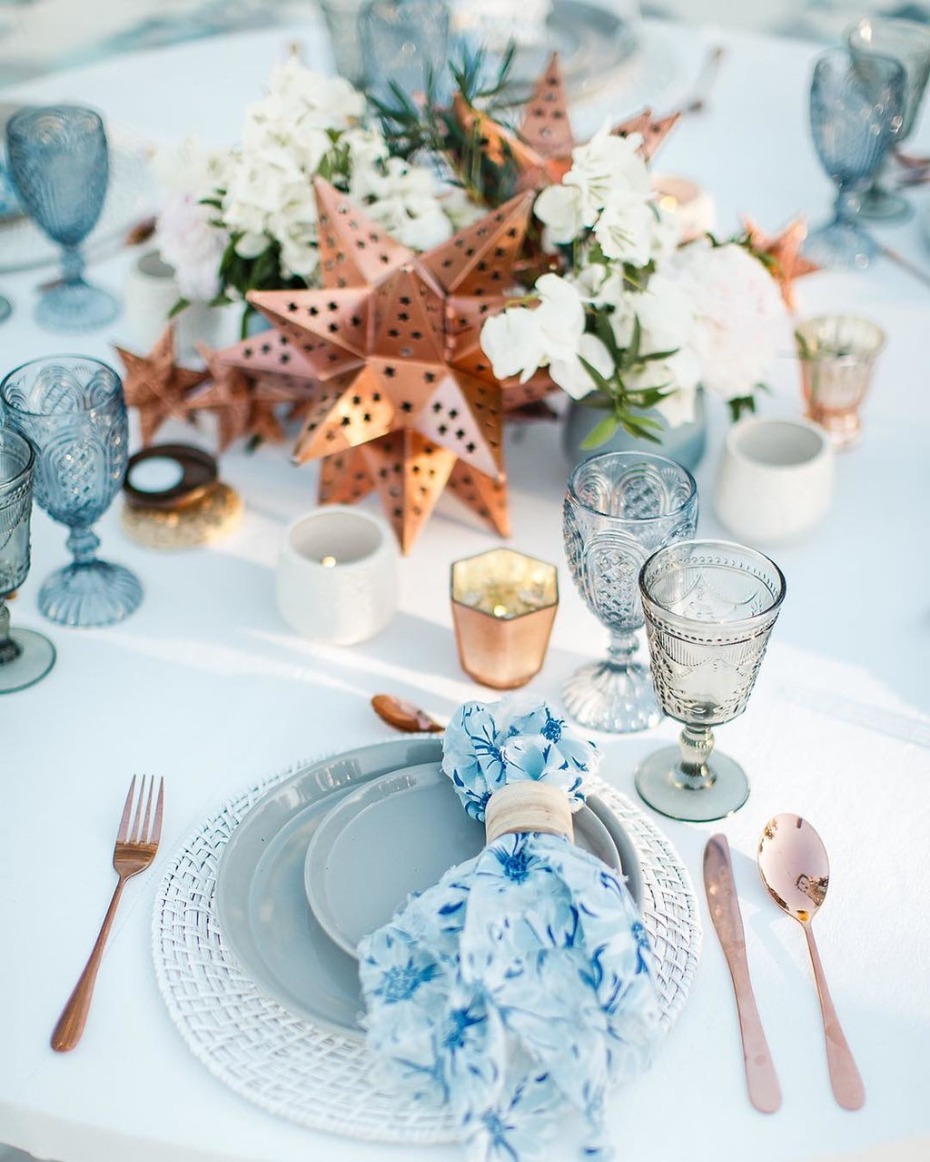 Summer Tablescape with Blue and Copper Accents