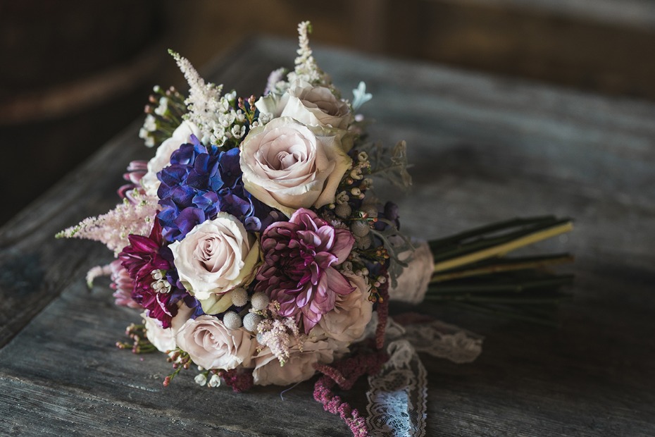 Beautiful purple and blush wedding bouquet