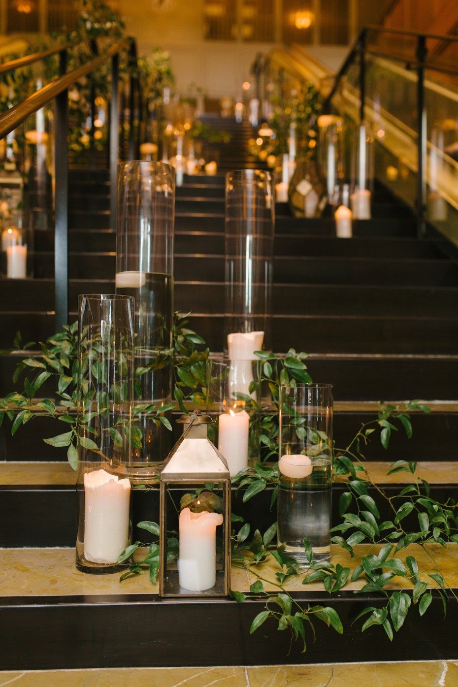 elegant floating and lantern candles stairs decor