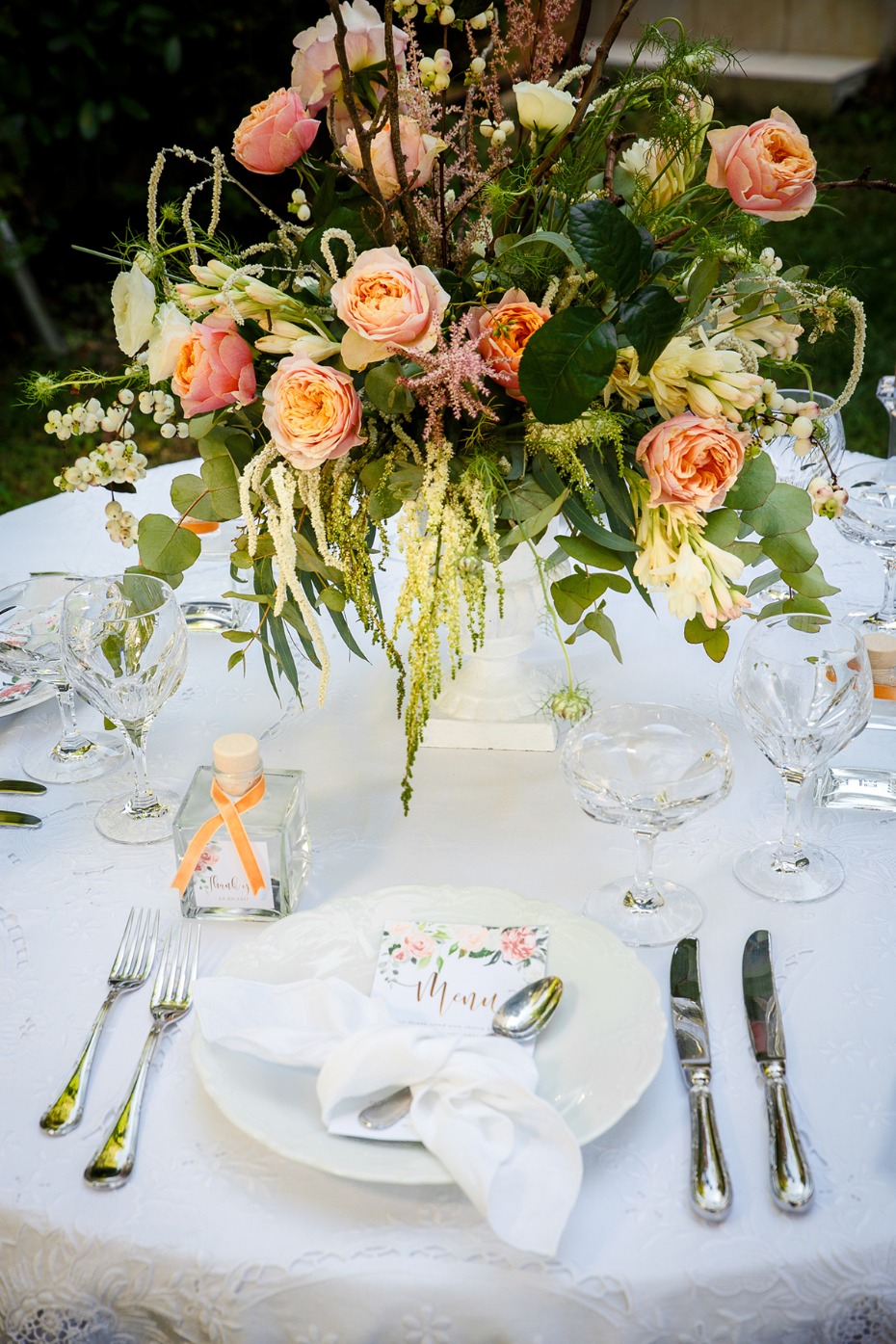 blush and coral wedding table setting