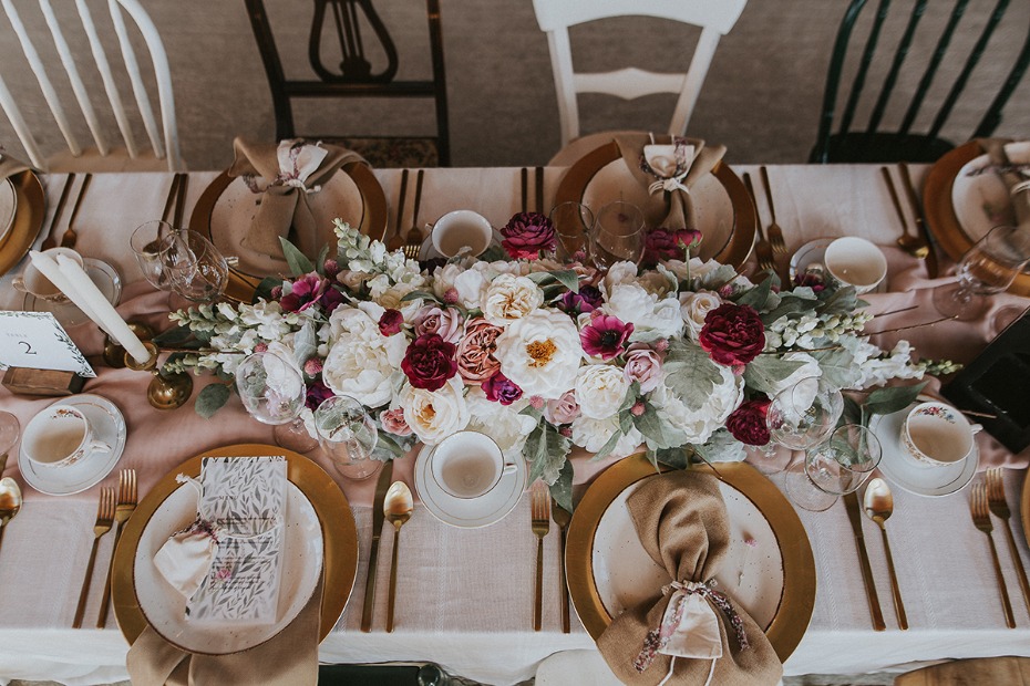 gold and pink boho style wedding table