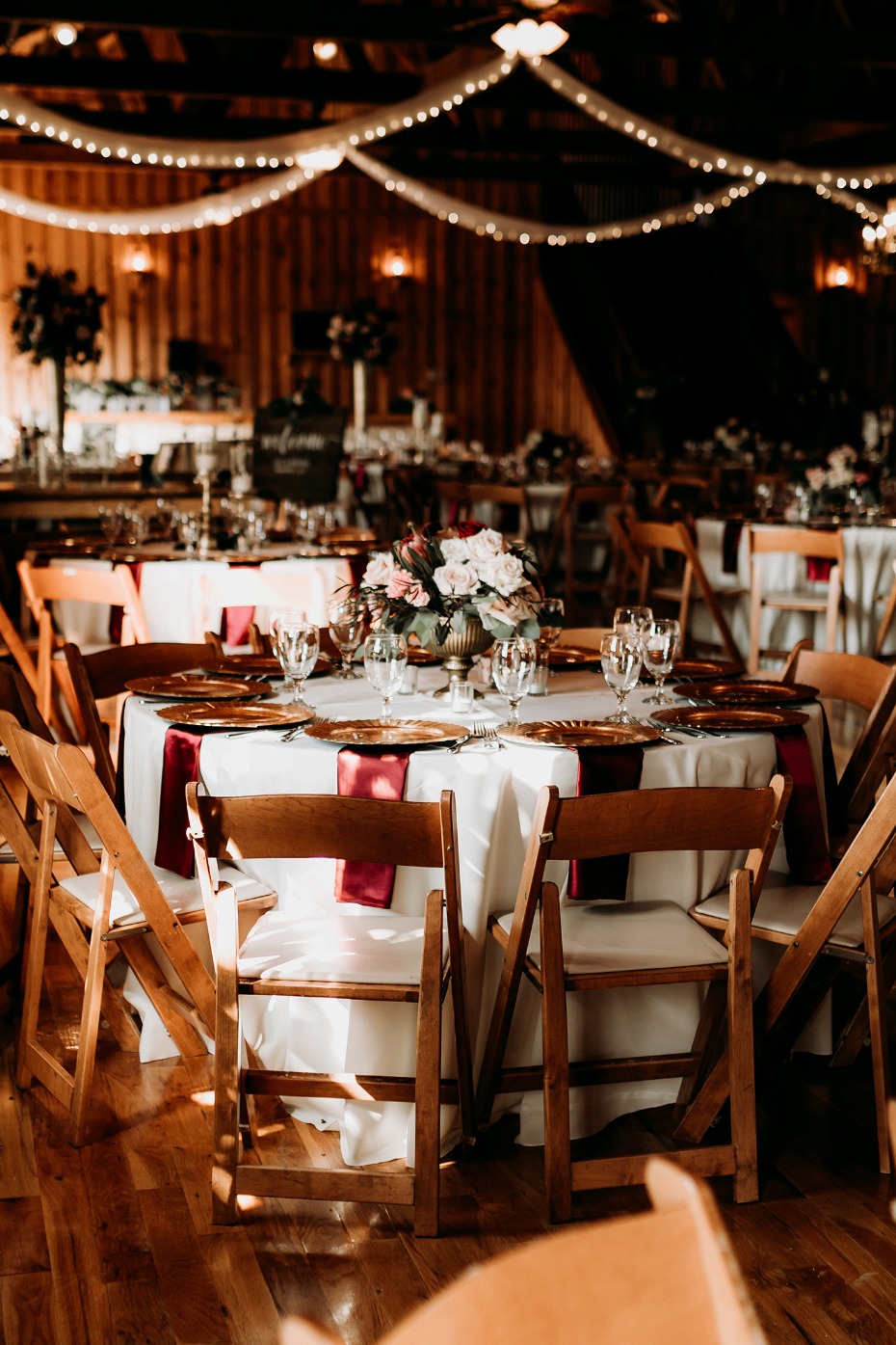 Rustic gold and burgundy reception