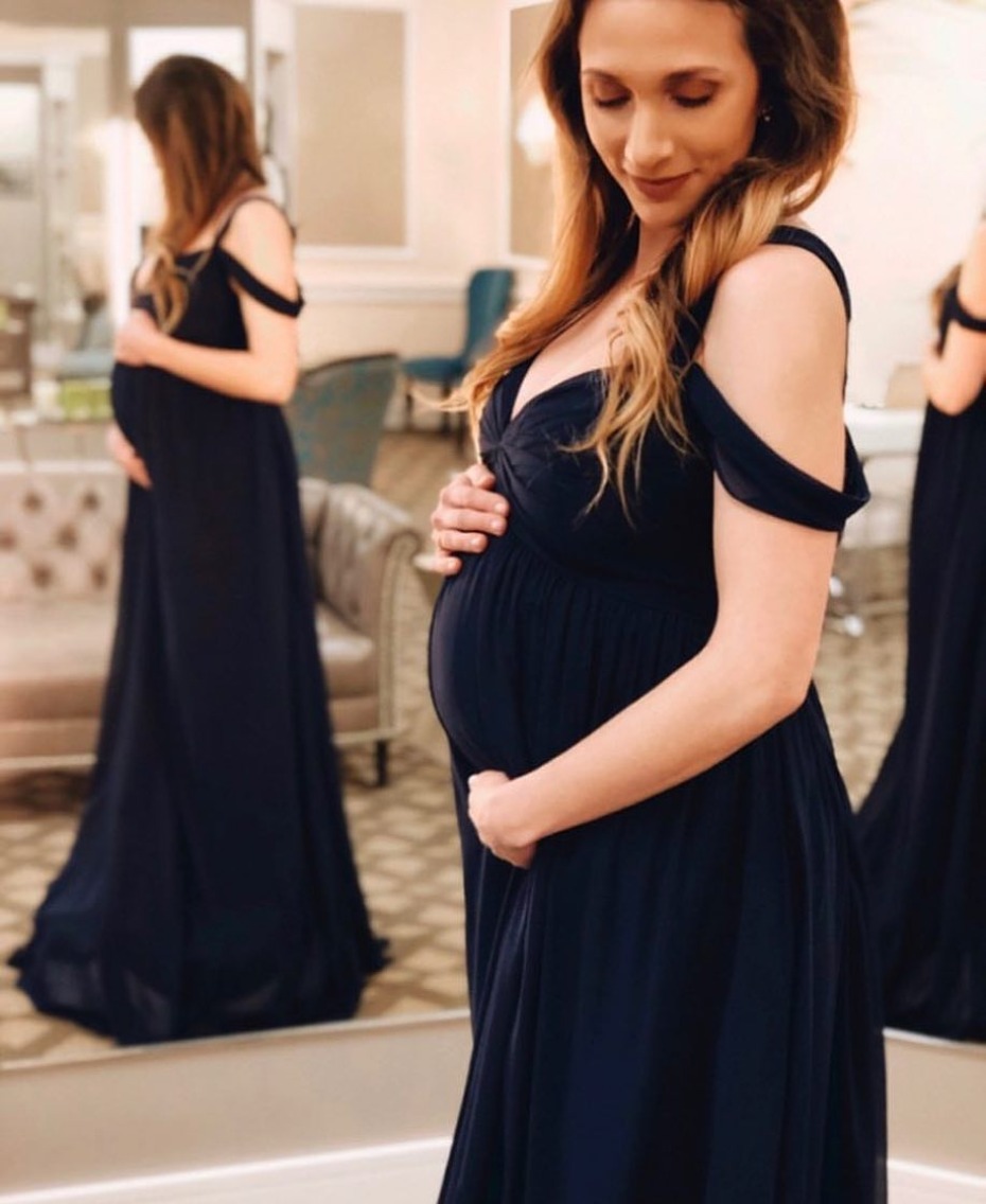 Pregnant bridesmaid in Hayley Paige Occasions dress