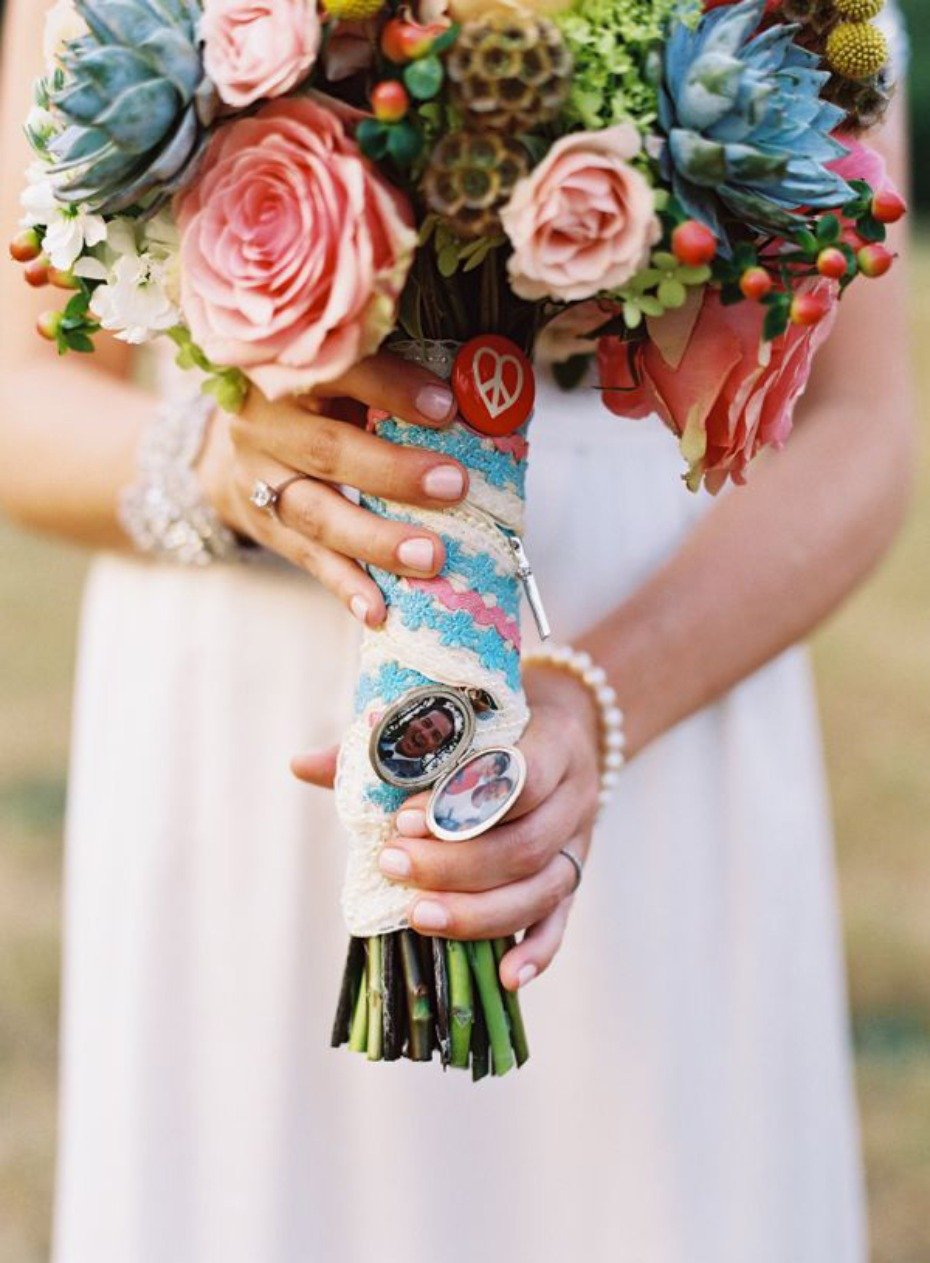 Remembrance wedding bouquet with photo of loved ones that have passed