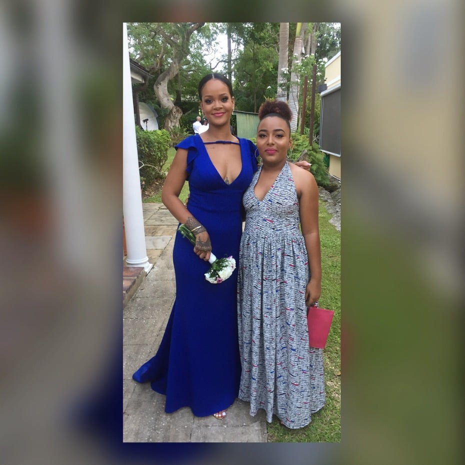 Rihanna in cobalt blue bridesmaid dress at Barbados wedding