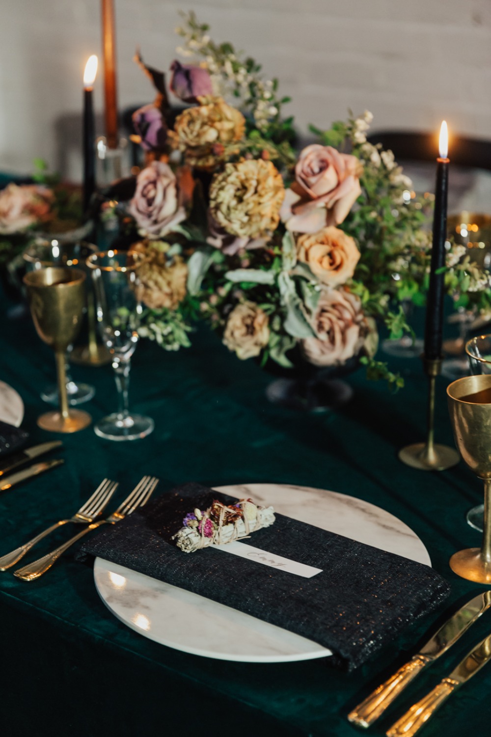 modern vintage wedding place setting in gold and green