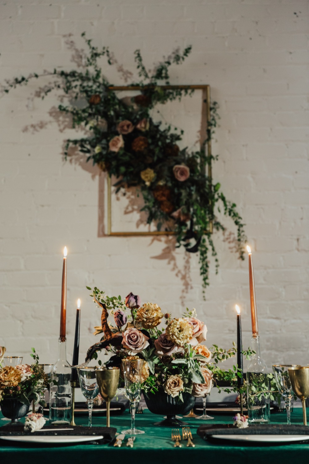 vintage gold and green wedding table decor