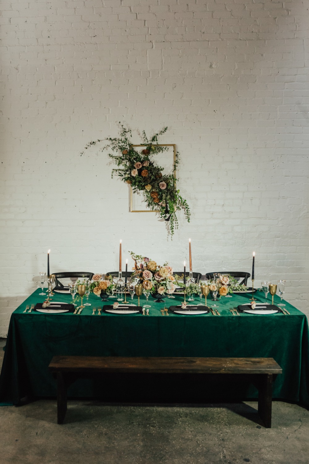 Romantic gold and green wedding table decor