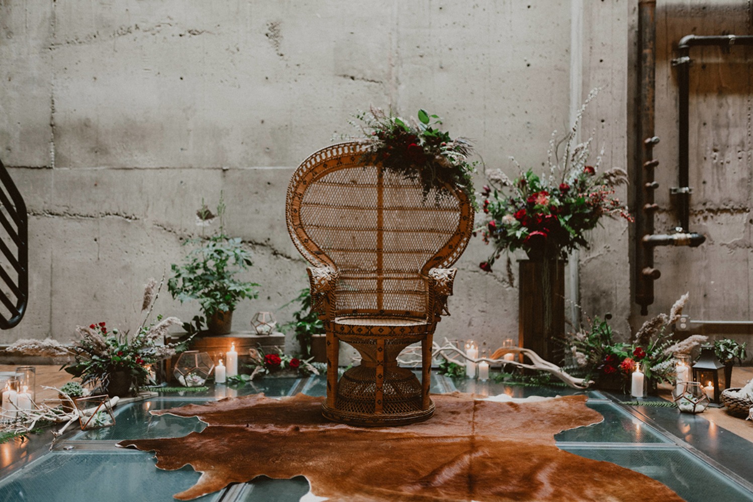 boho chic wedding decor with an industrial twist
