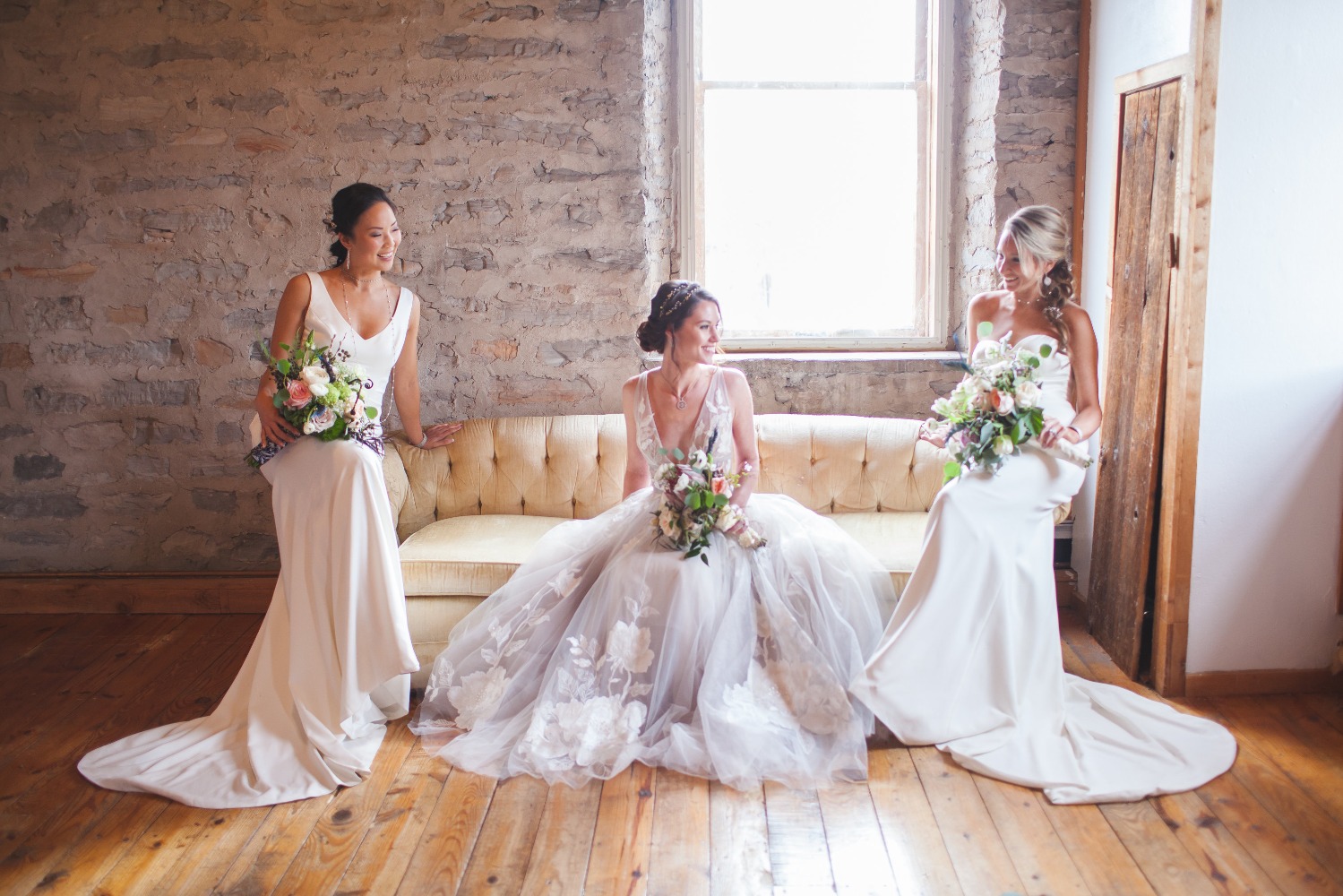 romantic bridal party in shades of white