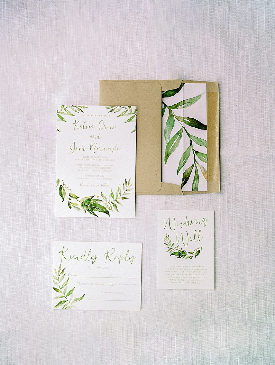 Elegant wedding invitation suite with watercolor greenery design