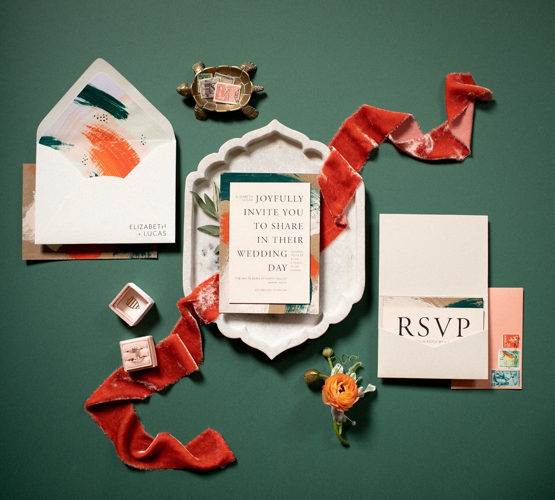paint inspired modern wedding invitation suite