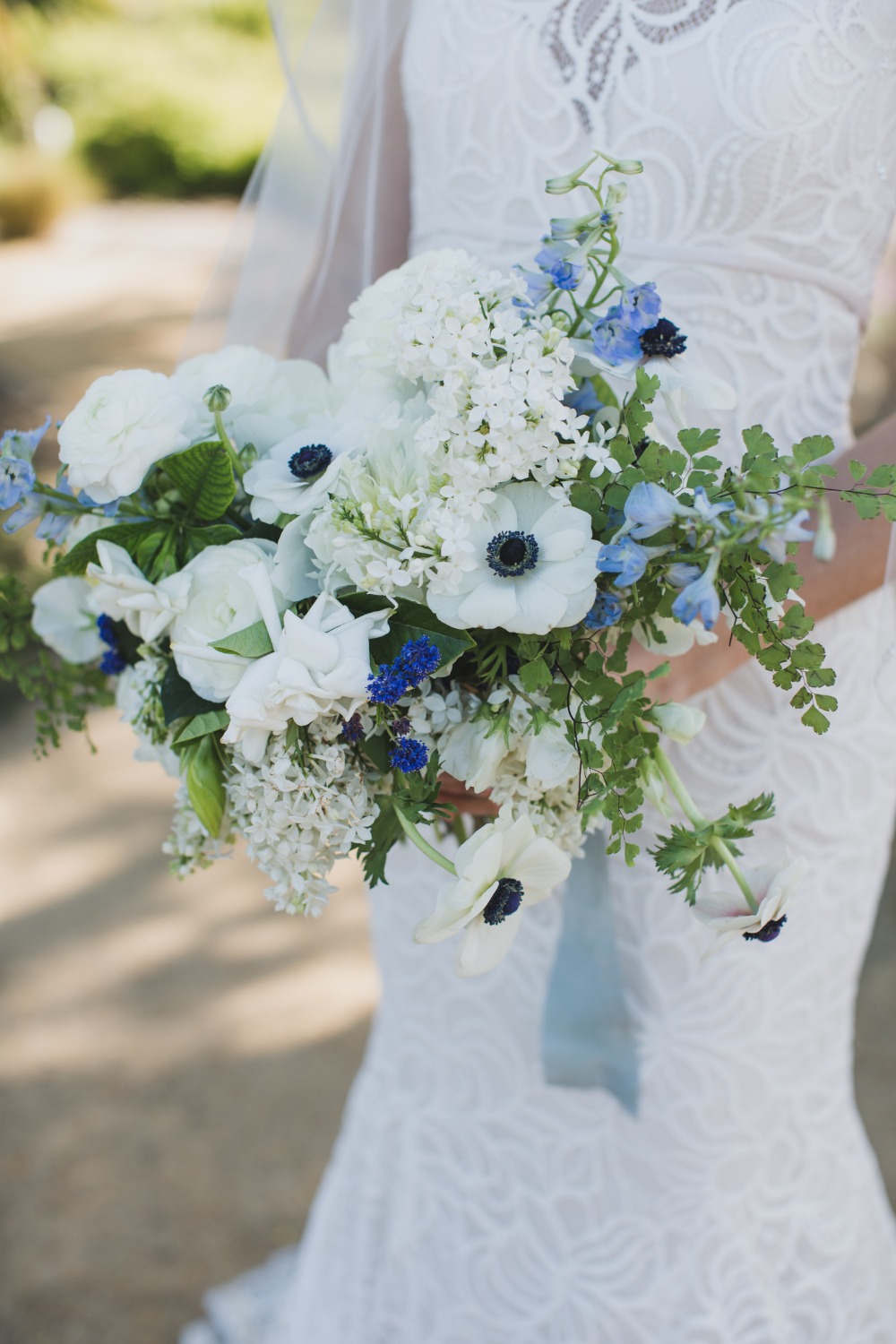 blue and white wedding florals