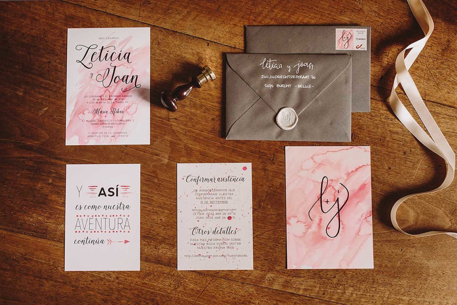 pink watercolor wedding invitation suite