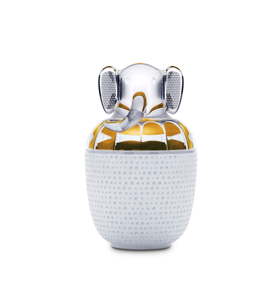 Elegant glass elephant-shaped decorative jar with gold accents