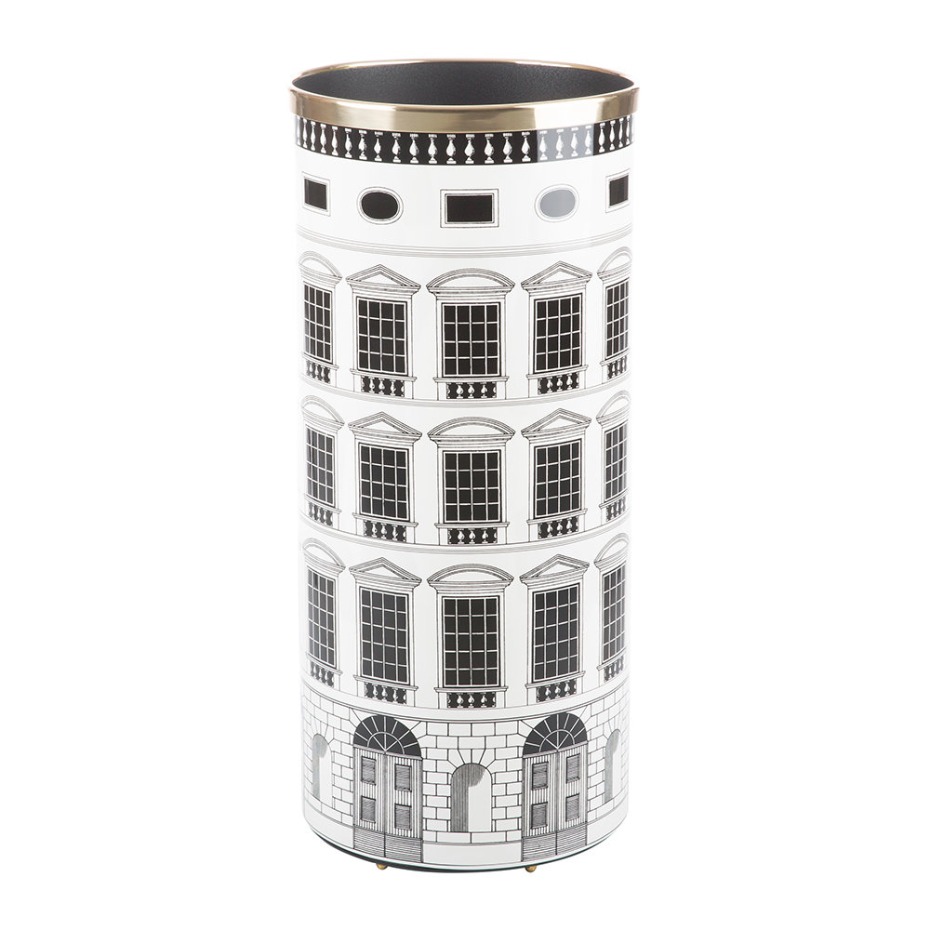 Elegant cylindrical vase with building facade design in black and white