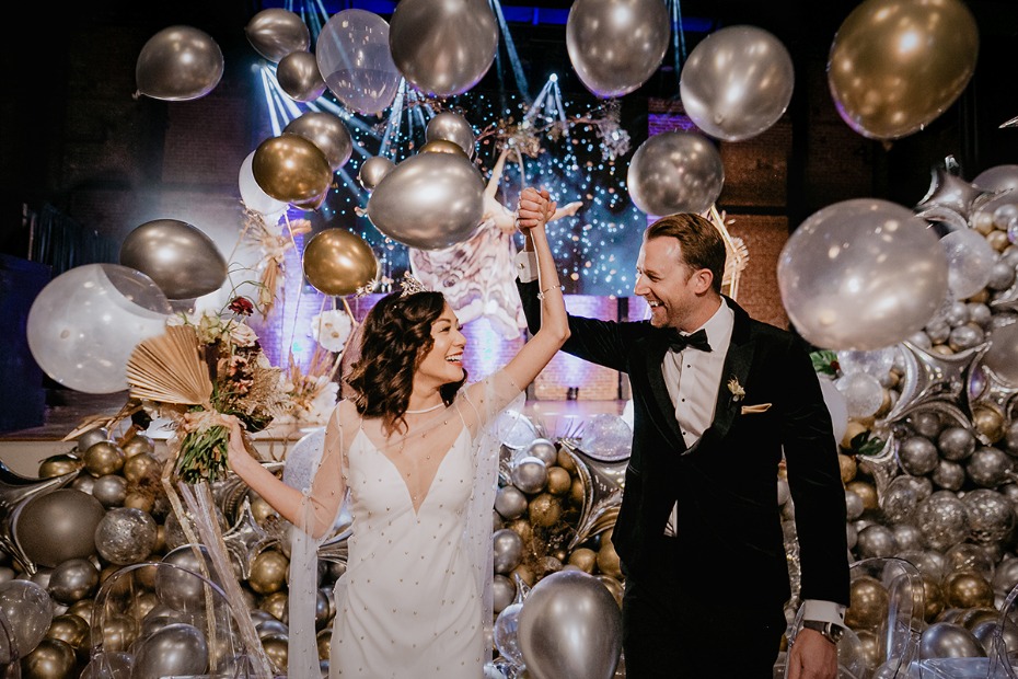 just married gold and silver balloon drop