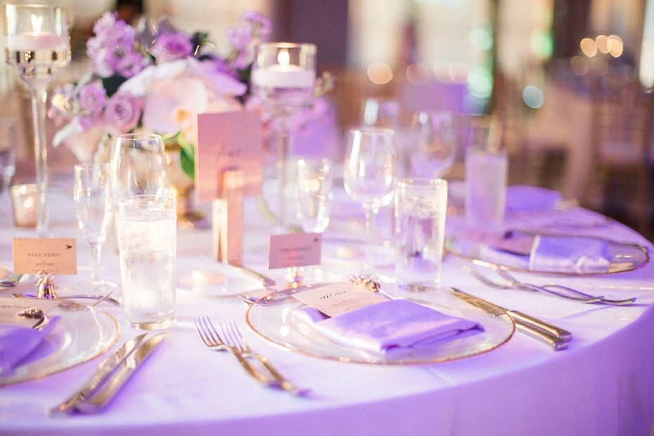 purple and gold glam wedding tables