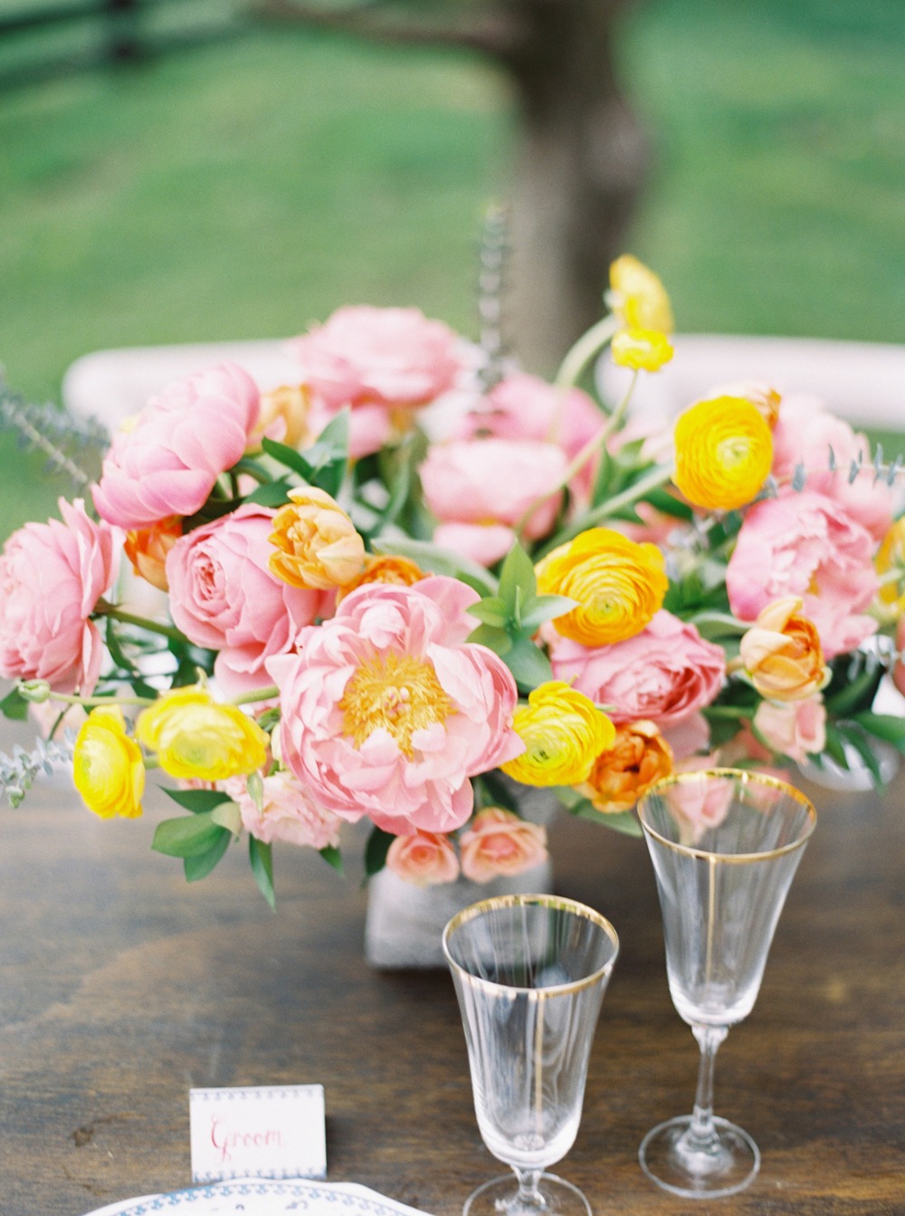 pink and yellow wedding floral decor