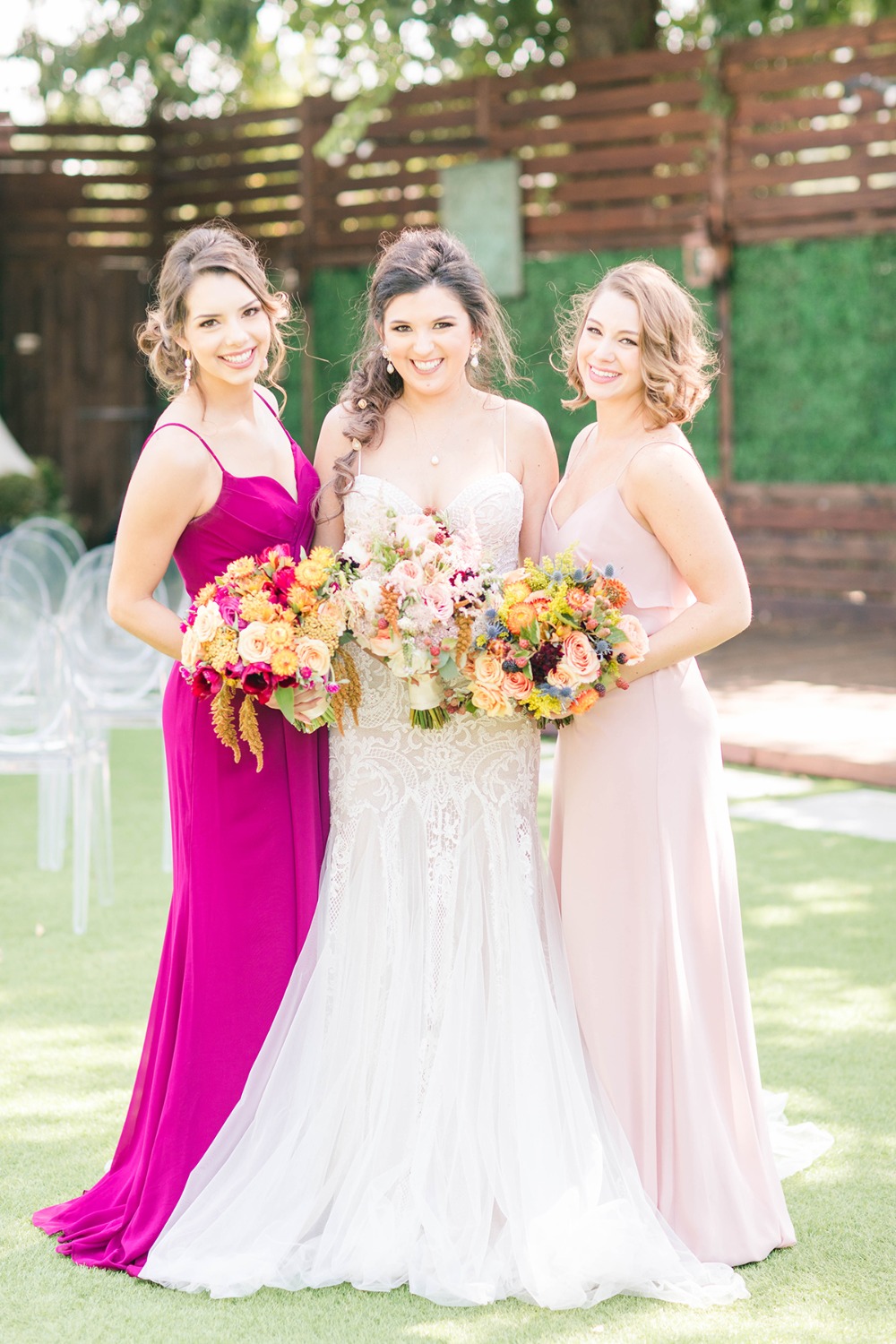 bridal party in fuchsia and soft pink
