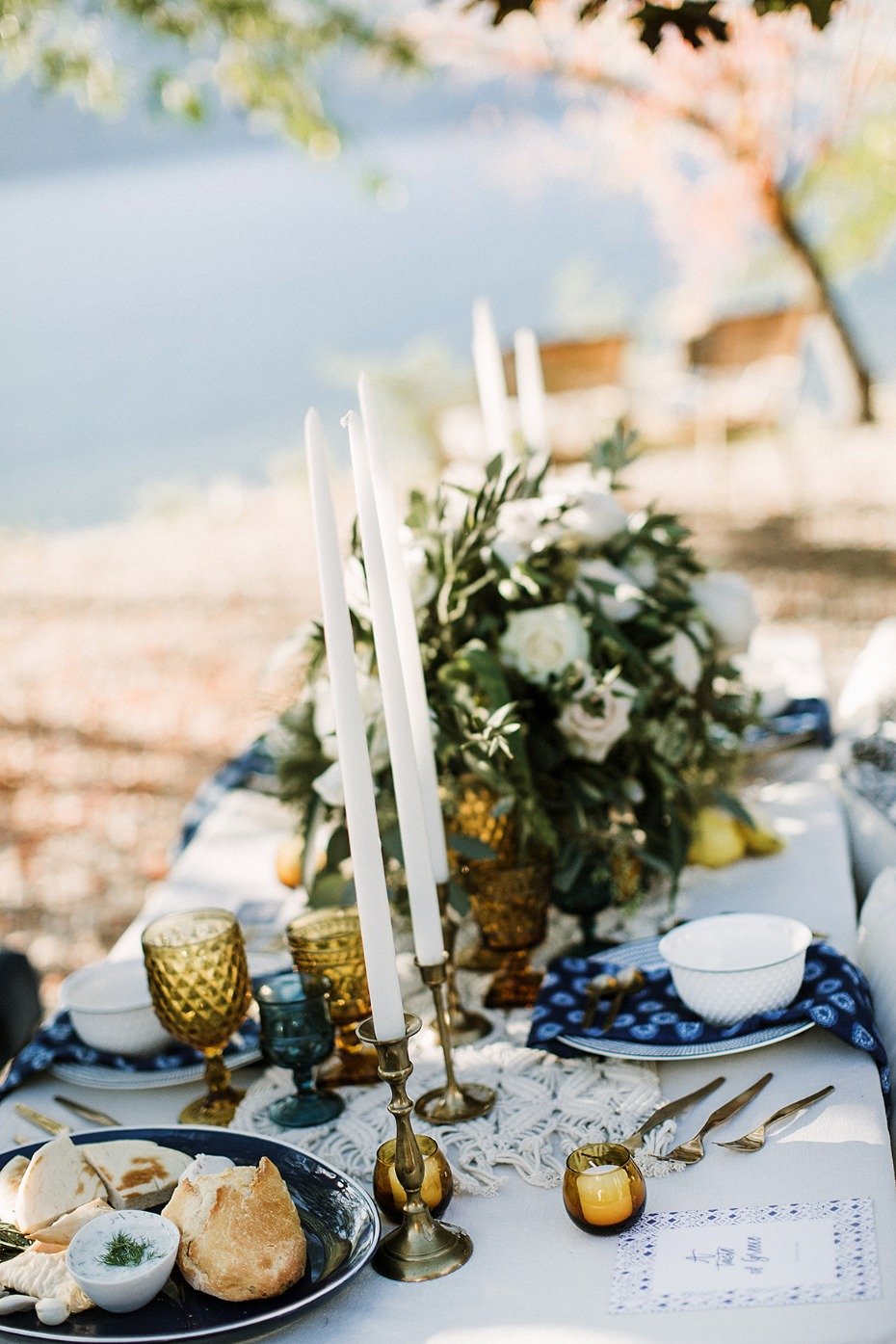 blue white and gold boho wedding table