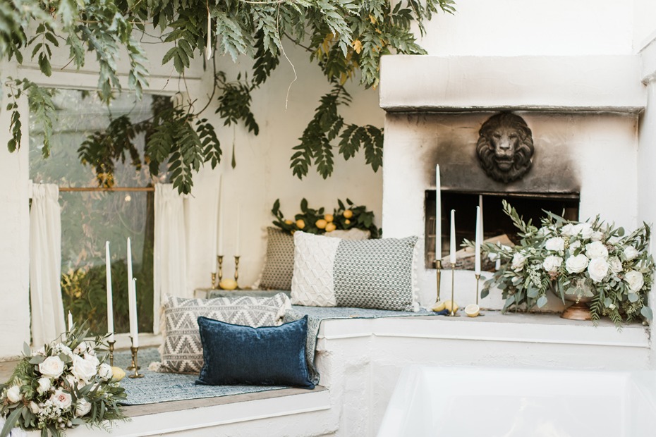 elegant blue and white boho wedding lounge