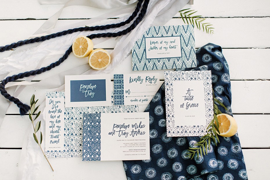 blue and white greek patterned wedding invitation suite