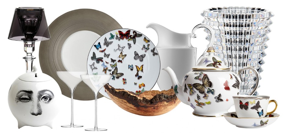 Assortment of elegant tableware and decor with a butterfly motif