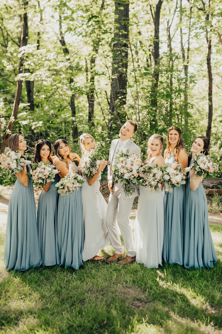 blue and light grey wedding party