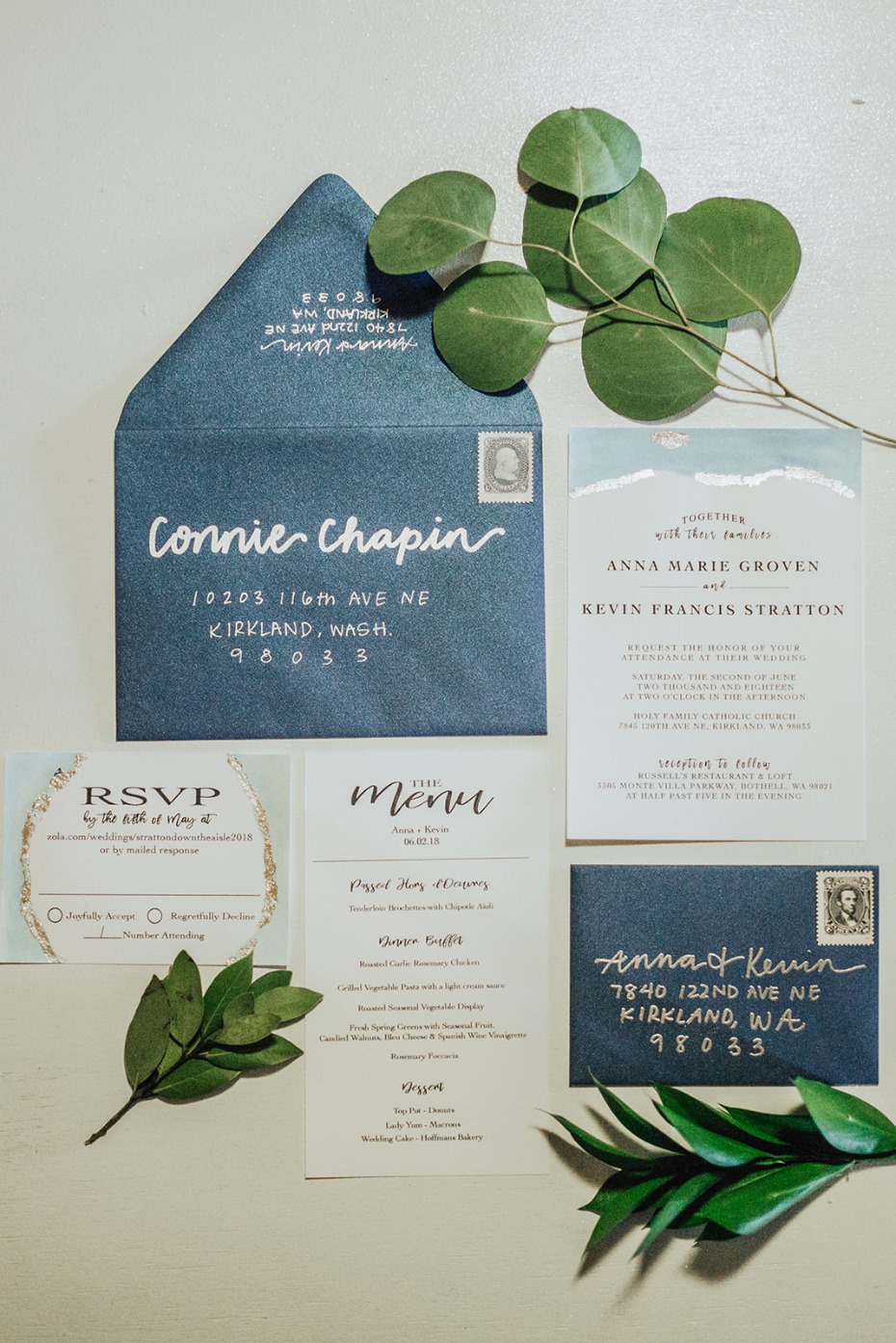 blue and silver wedding invitation suite