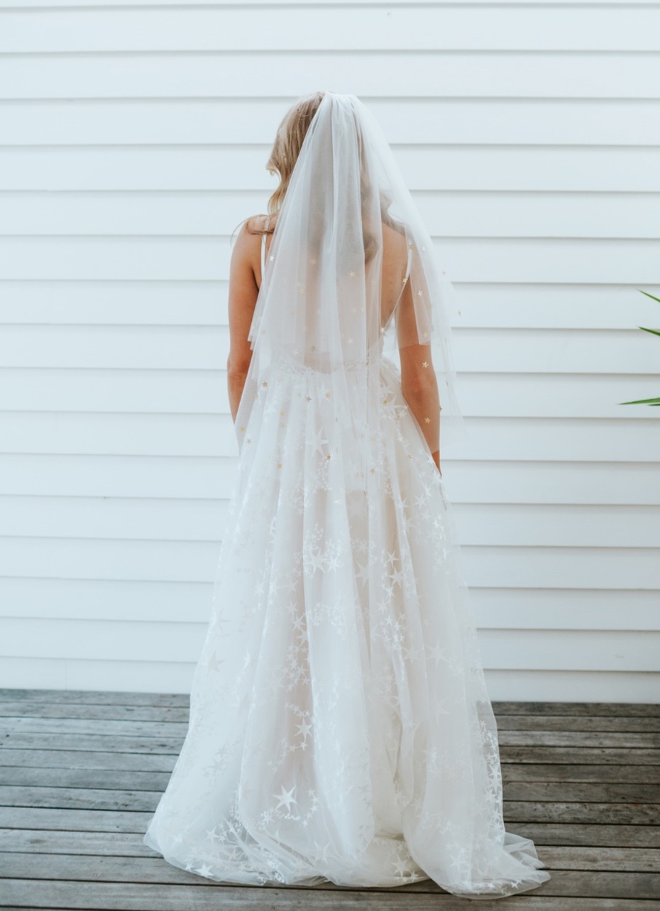 Bride wears star dress and veil from behind view