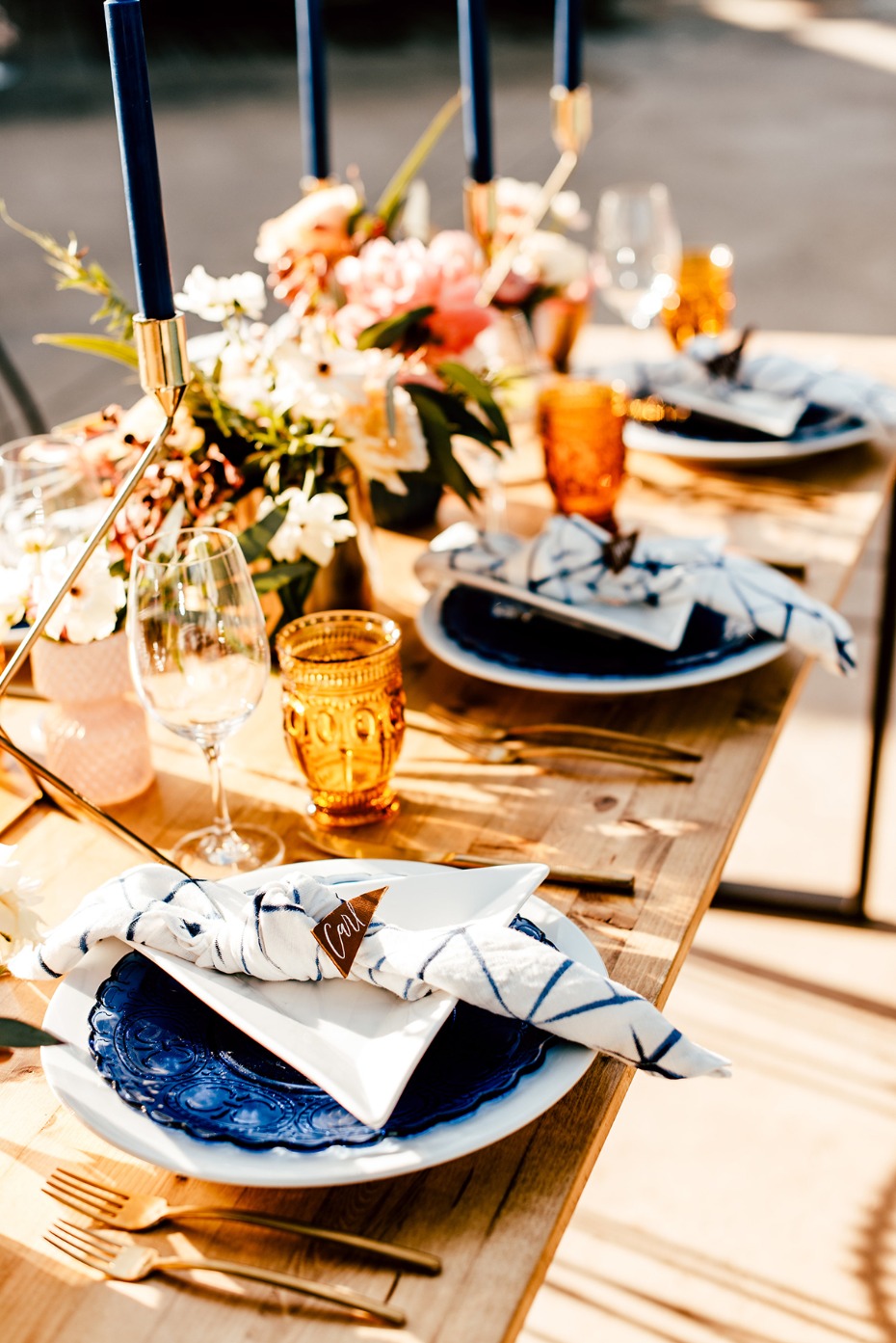 modern blue white and gold boho table decor