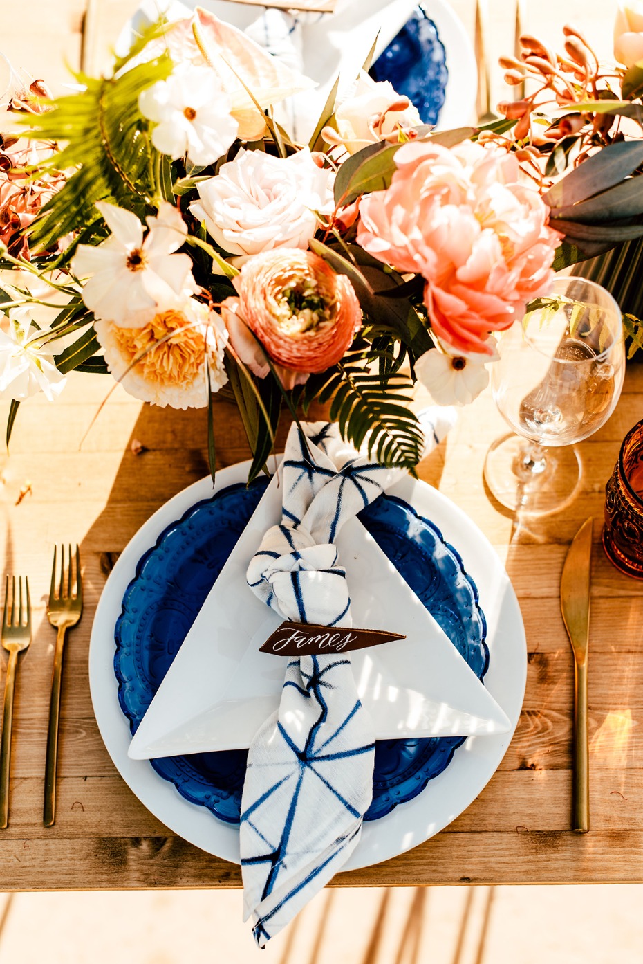 modern white and blue place setting