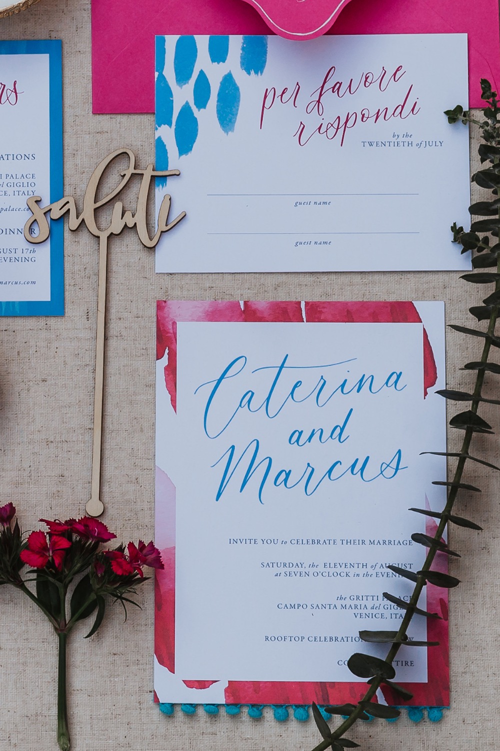 Elegant wedding invitation suite with watercolor details