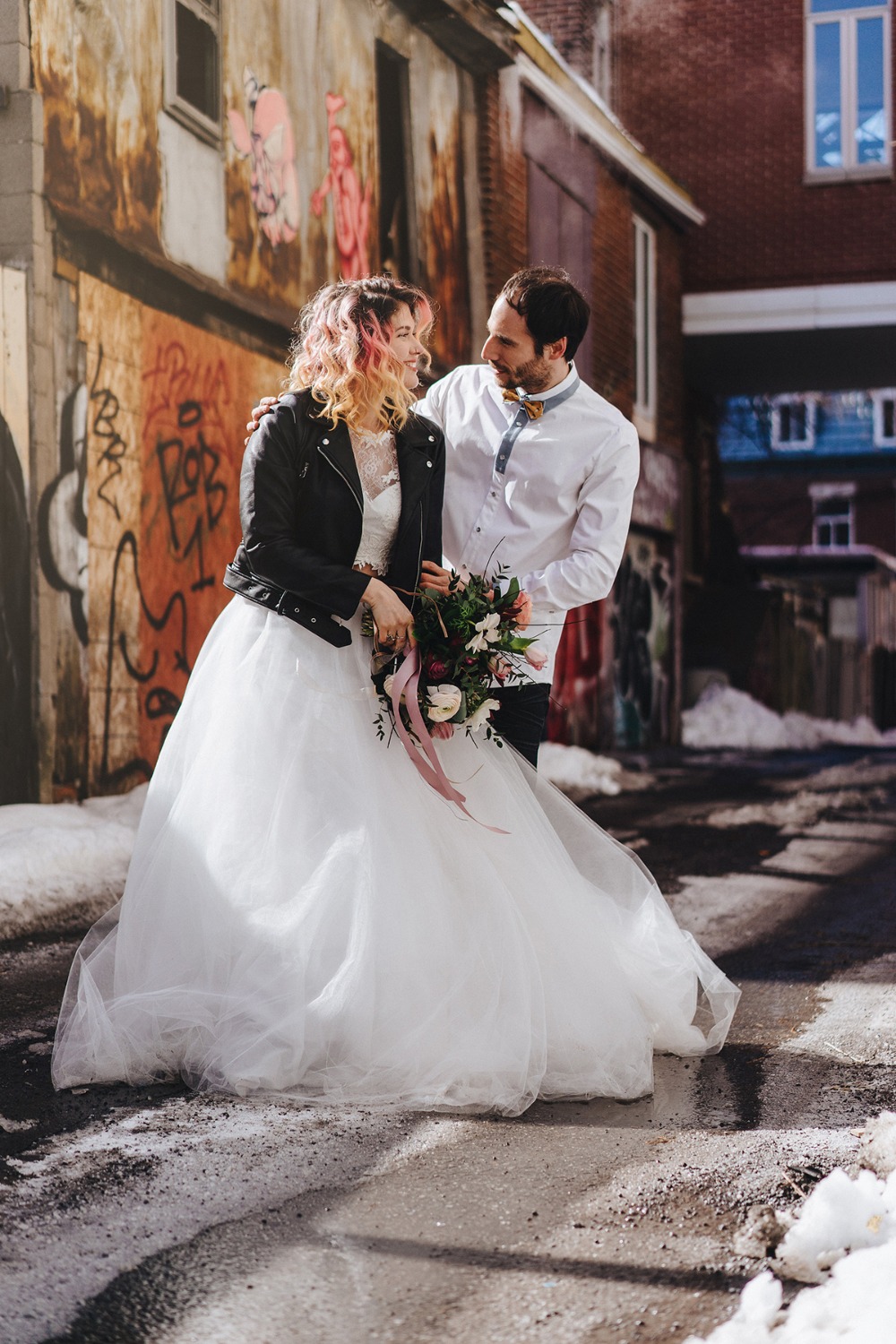 wedding couple on the streets of montreal