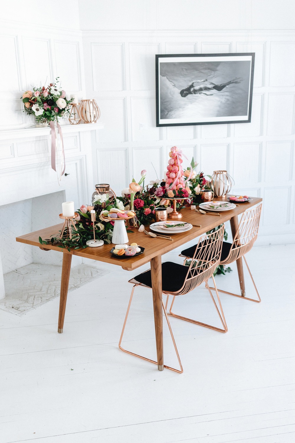 modern copper themed wedding table decor