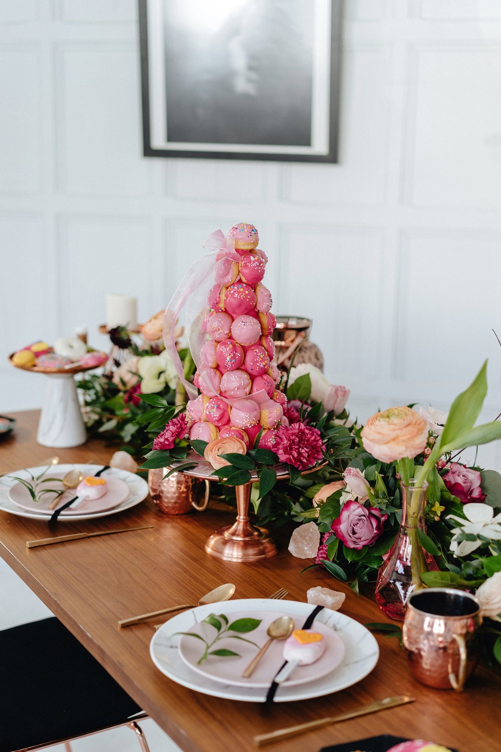 modern copper and pink wedding table decor