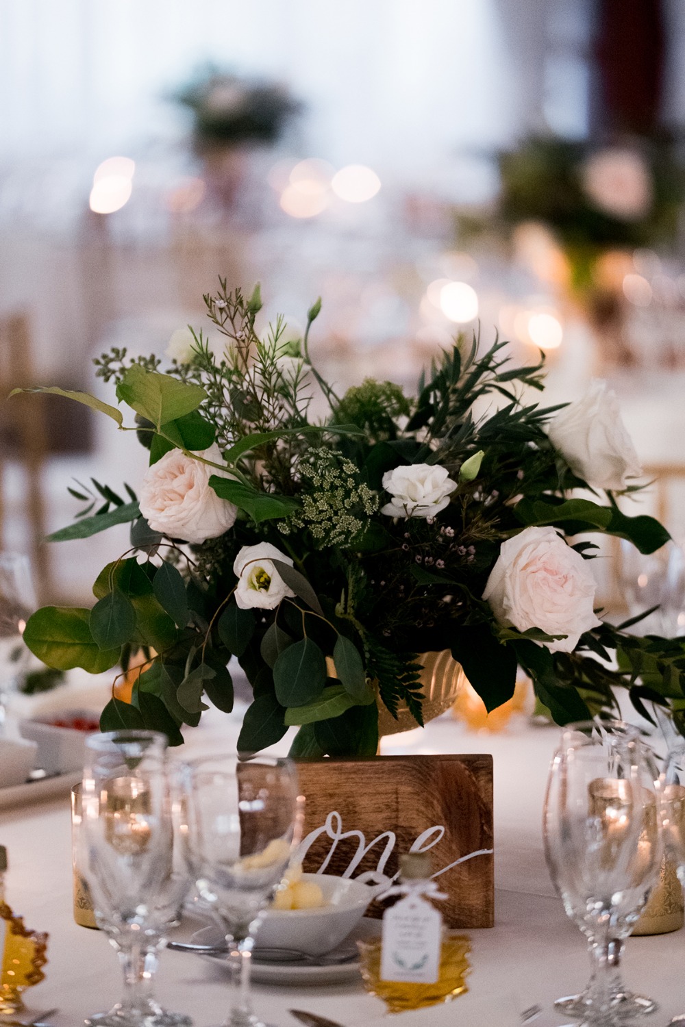 blush and white and gold wedding centerpiece
