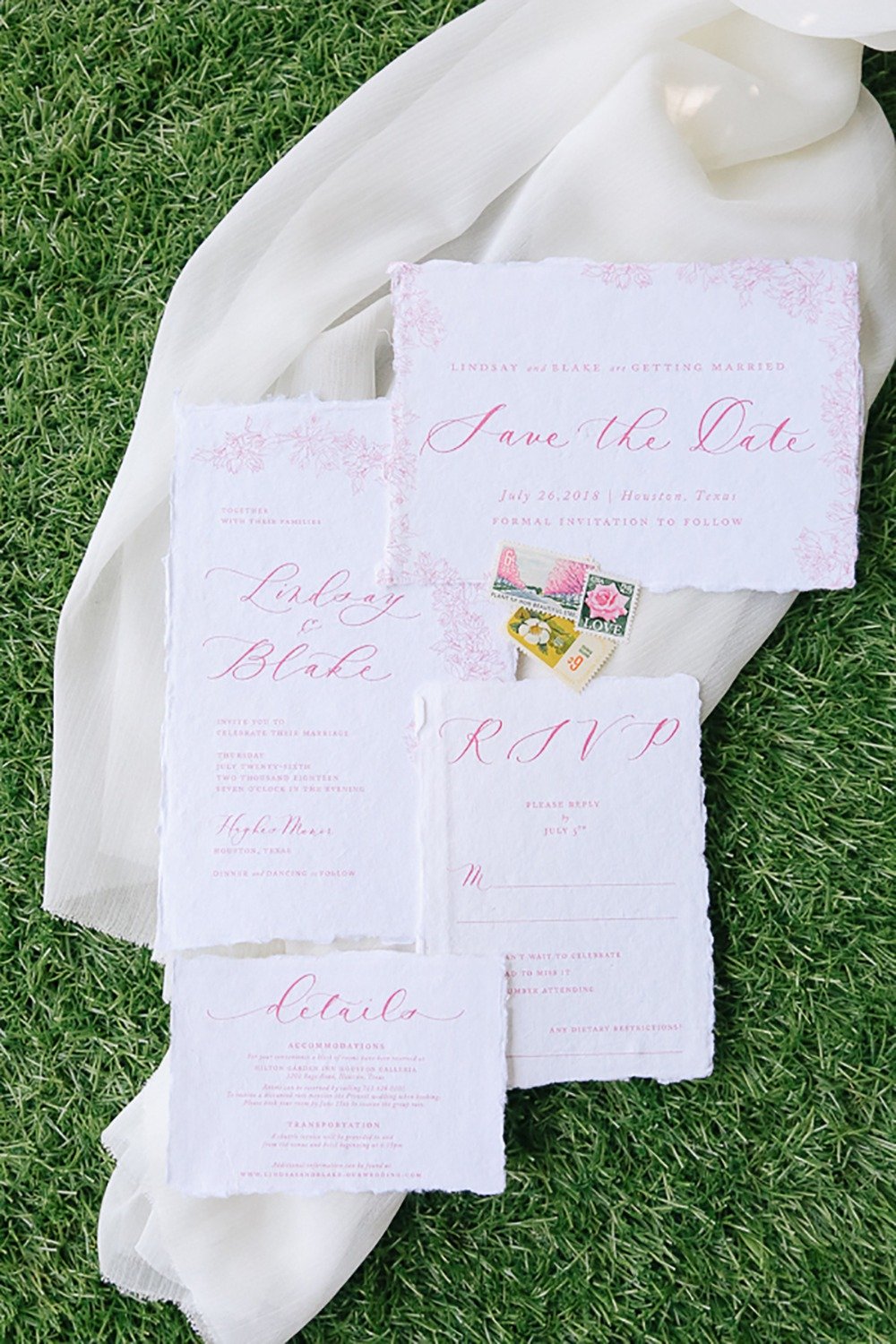 pink calligraphy wedding invitation suite